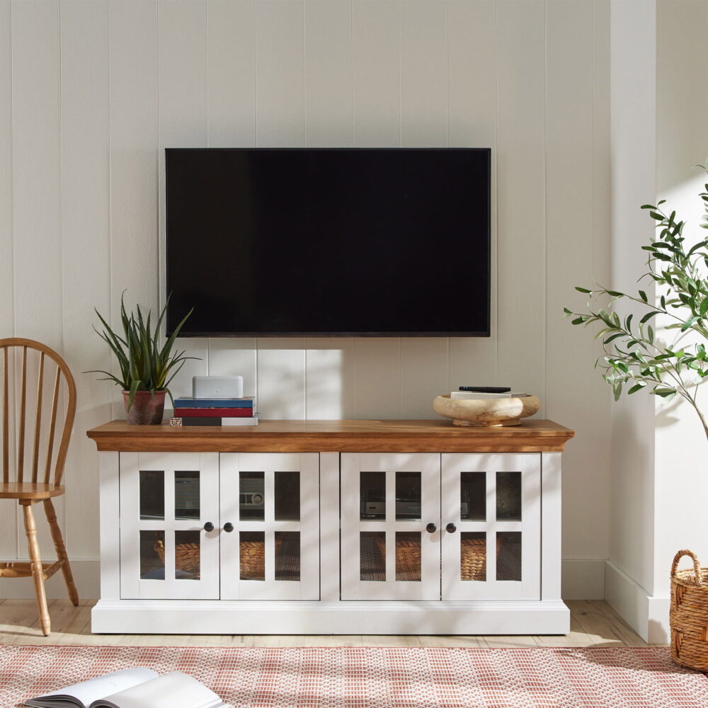 Better Homes & Gardens Canton 4- door TV Stand for TV’s up to 70”, White/Light Honey Finish