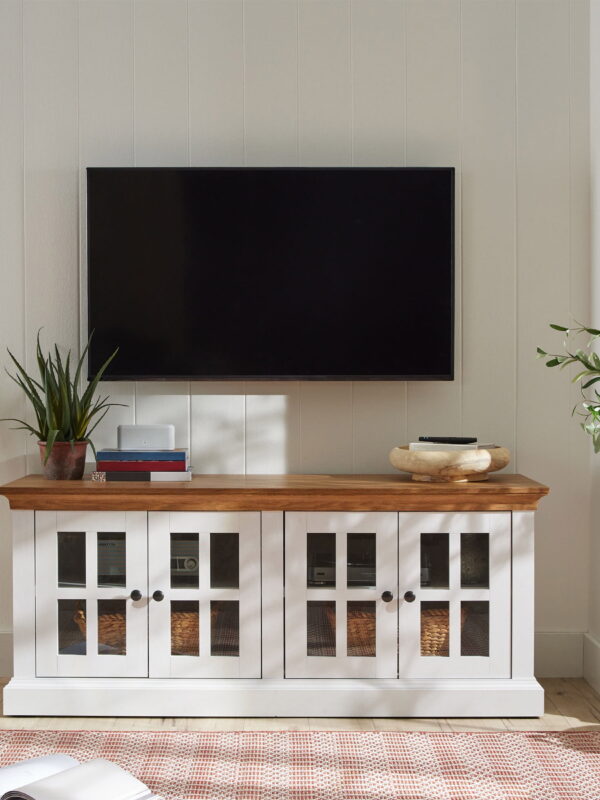 Better Homes & Gardens Canton 4- door TV Stand for TV’s up to 70”, White/Light Honey Finish