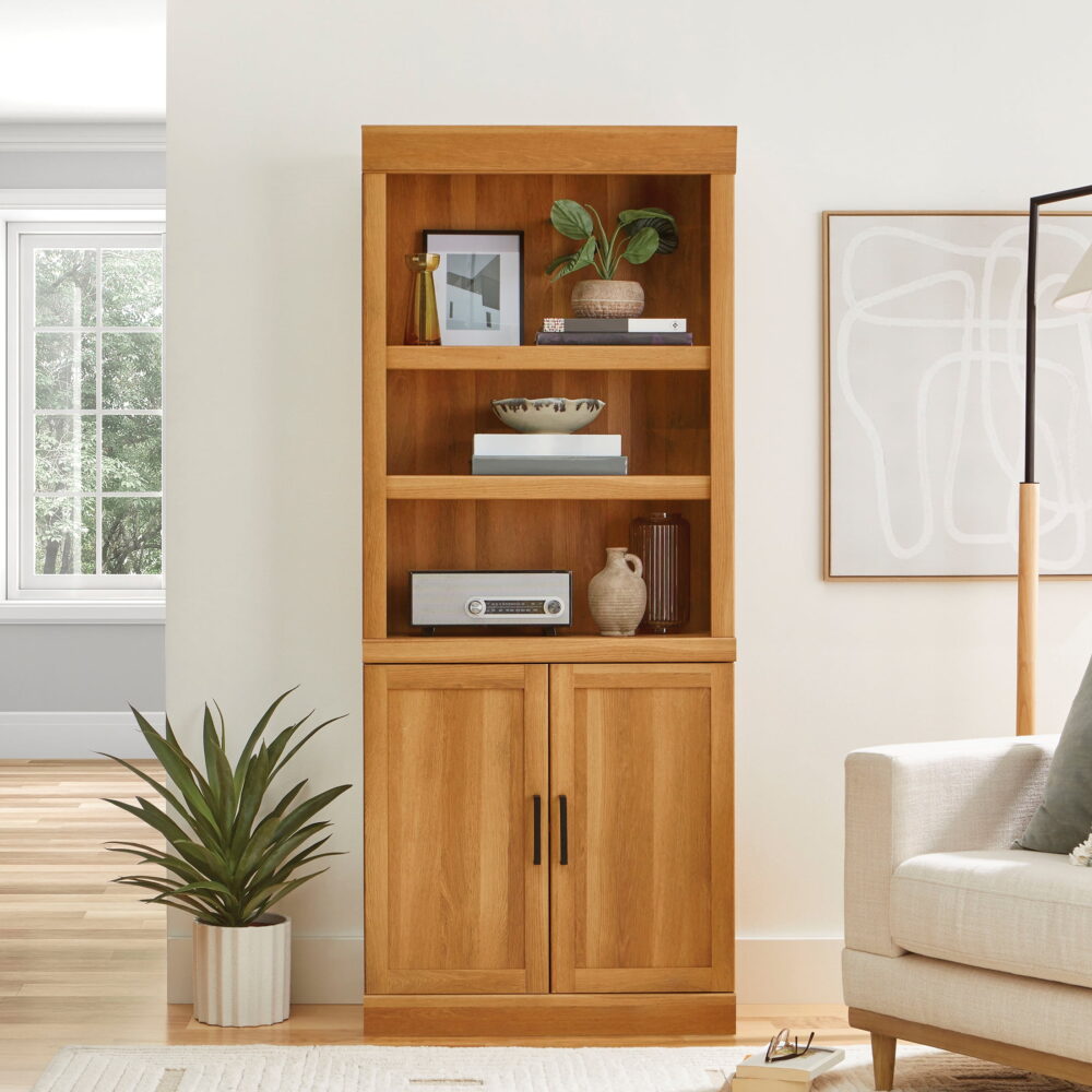 Better Homes & Gardens Glendale 5-Shelf Bookcase With Doors, Light Honey Finish