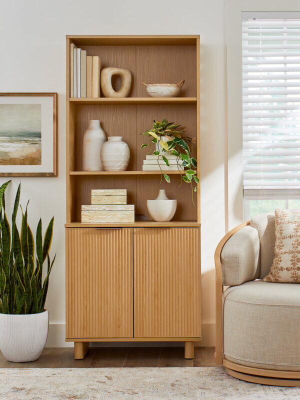 Better Homes & Gardens Lillian Fluted Bookcase with Doors, Natural Pine Finish