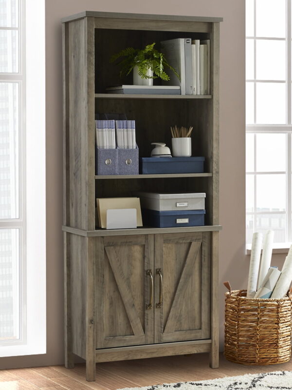 Better Homes & Gardens Modern Farmhouse Bookcase with Doors, Gray Finish