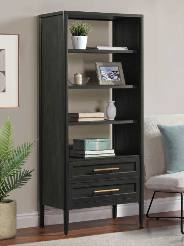 Better Homes & Gardens Oaklee 4-Shelf Bookcase with Storage Drawers, Charcoal Finish