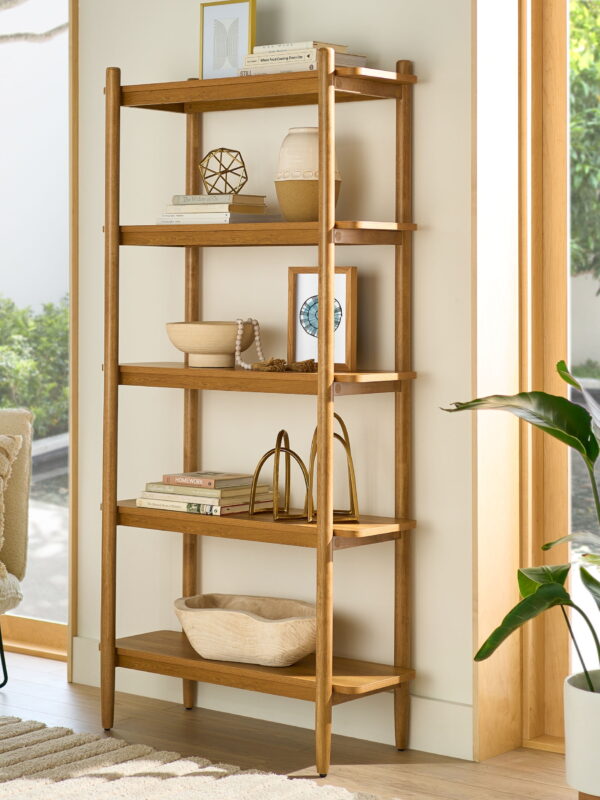 Better Homes & Gardens Springwood 5 Shelf Bookcase with Solid Wood Frame, Light Honey Finish