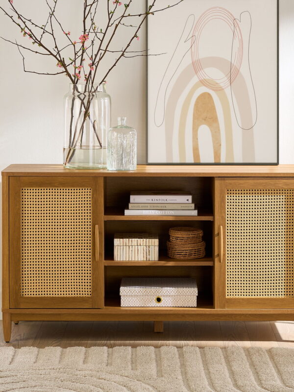 Better Homes & Gardens Springwood Cane TV Stand for TV's up to 65", Light Honey Finish