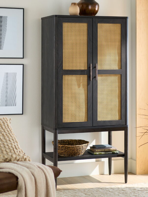 Better Homes & Gardens Springwood Caning Storage Accent Cabinet, Charcoal Finish