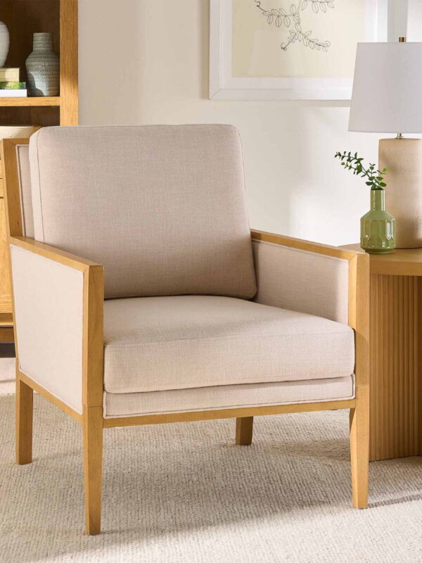 Better Homes & Gardens Windsor Linen Accent Chair, Light Honey Wood