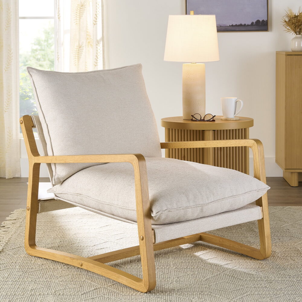 Better Homes & Gardens Wooden Ezra Sling Accent Chair, Cream Linen
