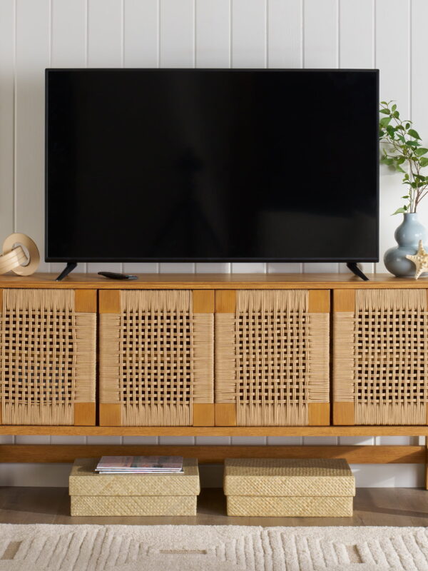 Better Homes & Gardens Vista Woven Coastal TV Stand for TVs up to 65", Light Honey