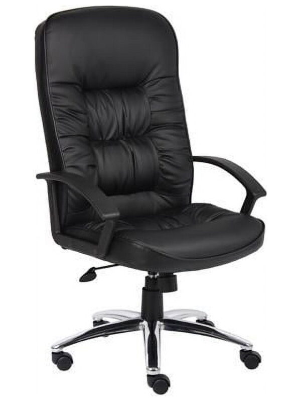 Boss Office Products High Back LeatherPlus Executive Chair with Chrome Base and Casters, Black