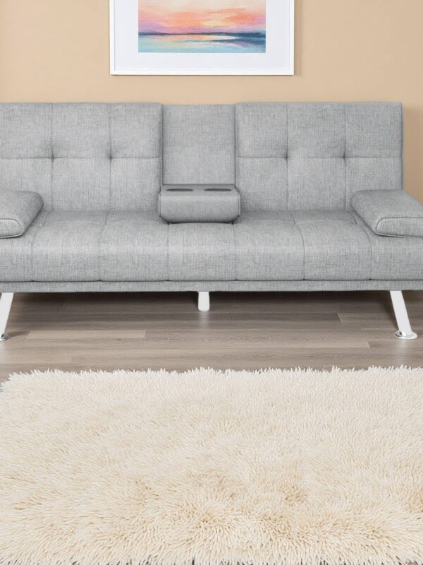 Folding Sofa Bed with Cup Holder Convertible Futon Couches Adjustable Backrest Modern Linen Furniture Upholstery for Living Room