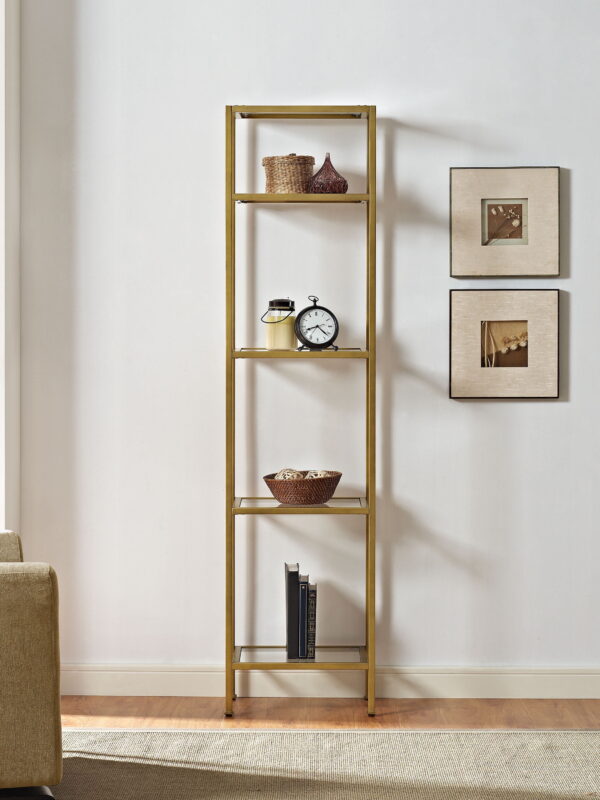 Crosley Furniture Aimee 4 Shelf Narrow Glass/Metal Etagere in Antique Gold