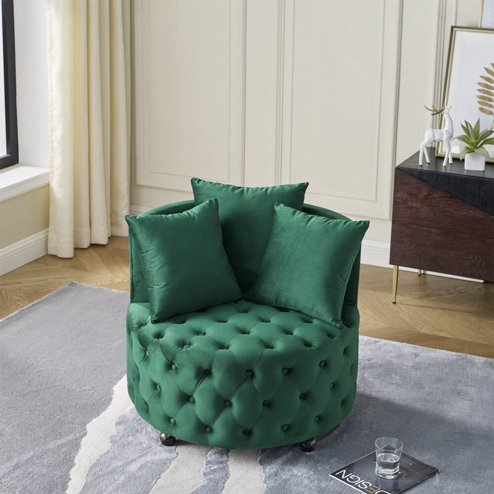 DEALTOPS Velvet Upholstered Swivel Chair for Living Room, with Button Tufted Design and Movable Wheels, Including 3 Pillows-Green