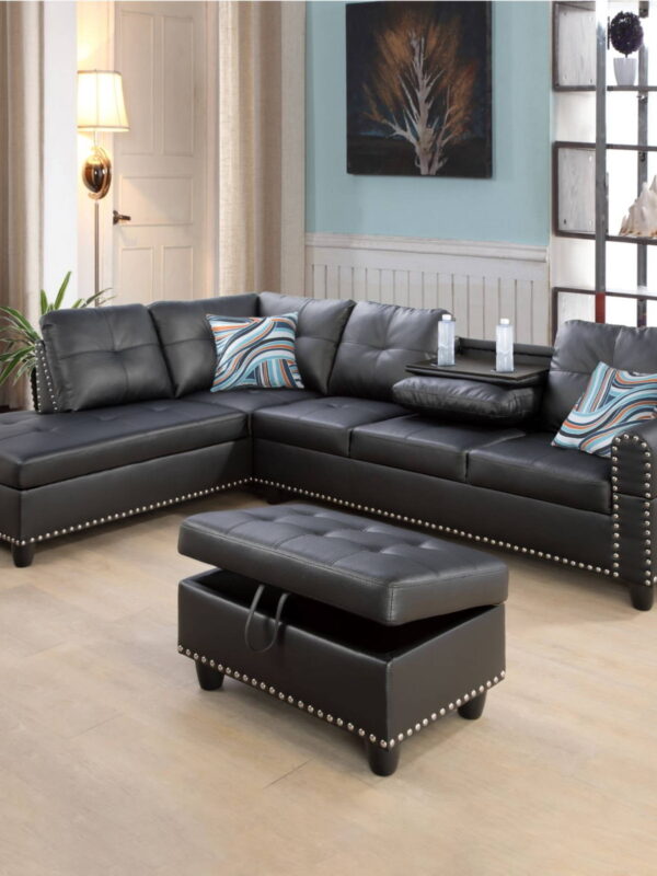 Devion Furniture Contemporary Faux Leather Nailhead Trim L Shaped Sectional Sofa Set Black