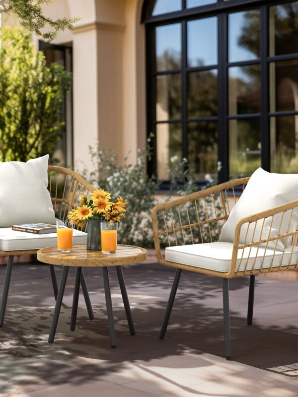 Dextrus 3 Piece Outdoor Wicker Furniture Patio Bistro Set, PE Rattan Wicker Chairs Set with Table and Cushions, Porch Balcony Furniture Set for Porch Backyard Pool, Beige