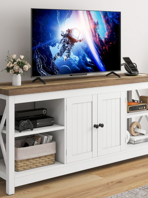 Dextrus White TV Stand up to 65 Inches w/Power Outlets, Farmhouse Entertainment Center Cabinet with Storage for Living Room