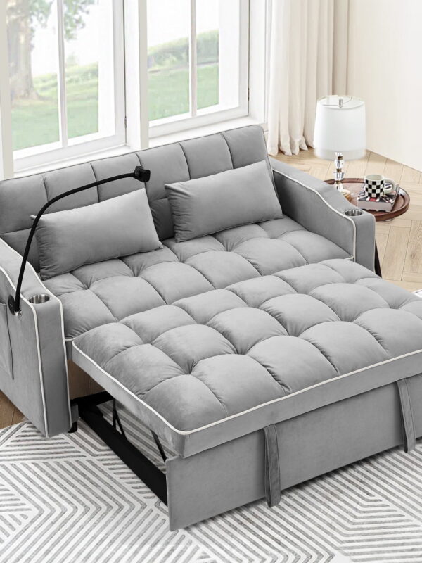 Dinosisco 3-in-1 Convertible Futon Sofa Bed, Loveseat Sleeper with Phone Stand, USB, Gray Velvet