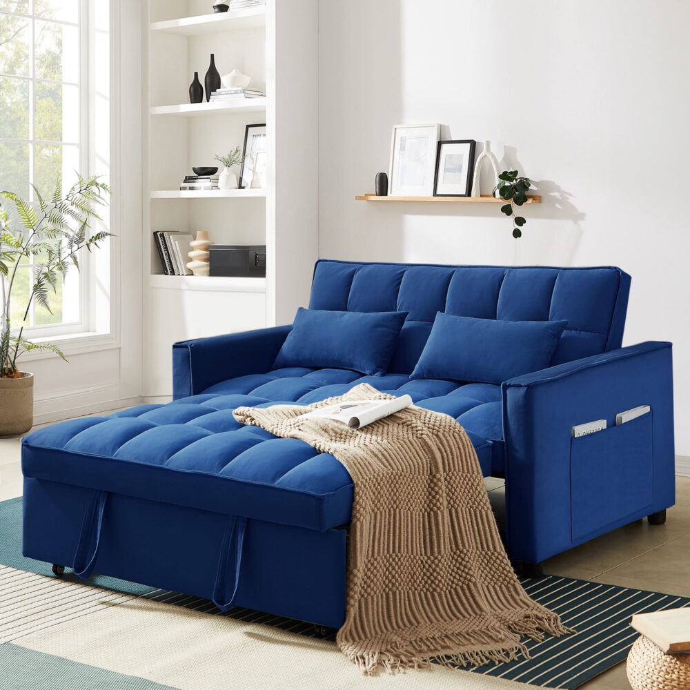 Dinosisco 3 in 1 Convertible Pull Out Sofa Bed, 55" Velvet Sleeper Loveseat, Cobalt Blue