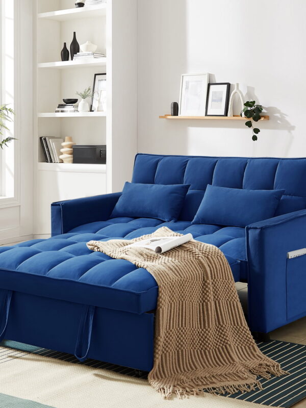 Dinosisco 3 in 1 Convertible Pull Out Sofa Bed, 55" Velvet Sleeper Loveseat, Cobalt Blue