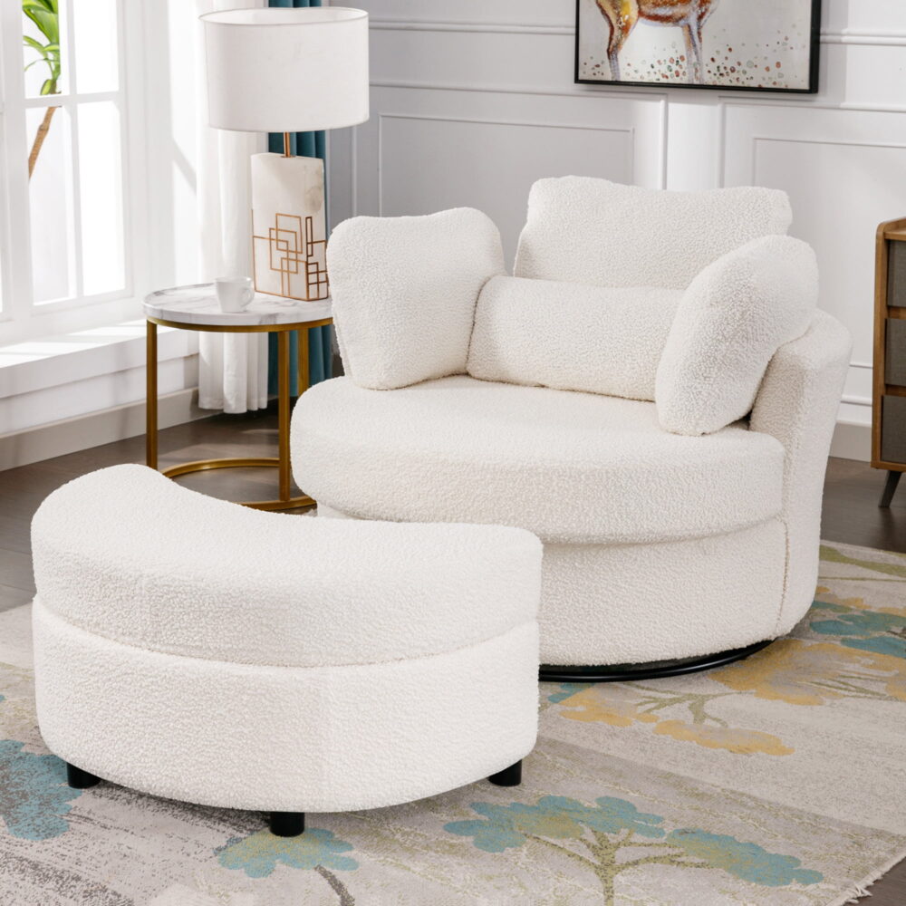 Dinosisco Oversized Swivel Accent Barrel Chair with Storage Ottoman, White Teddy