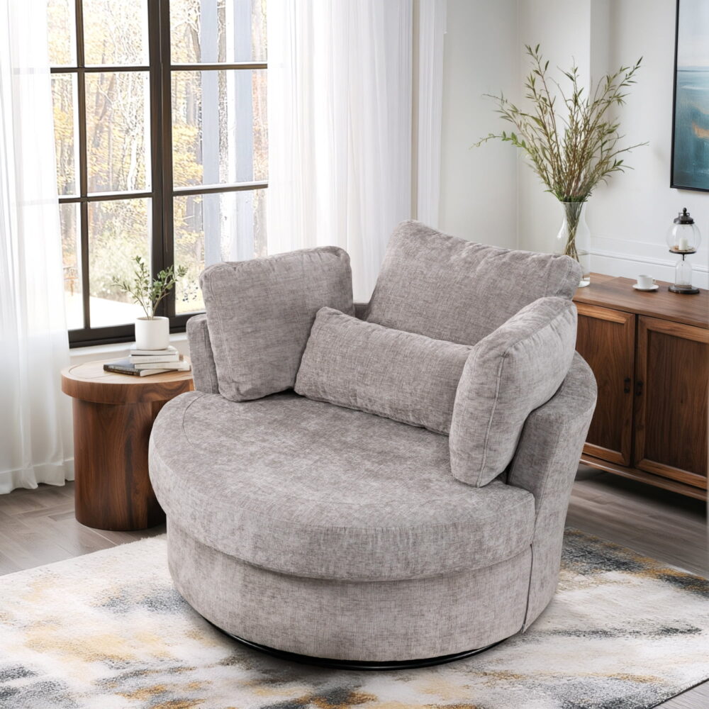 Dinosisco Oversized Swivel Barrel Accent Chair, Chenille Adult Comfy Reading Armchair, Gray