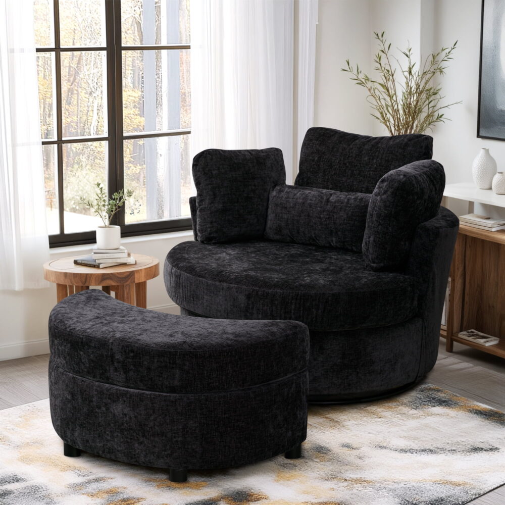 Dinosisco Oversized Swivel Accent Barrel Chair with Storage Ottoman, Chenille, Indoor, Black