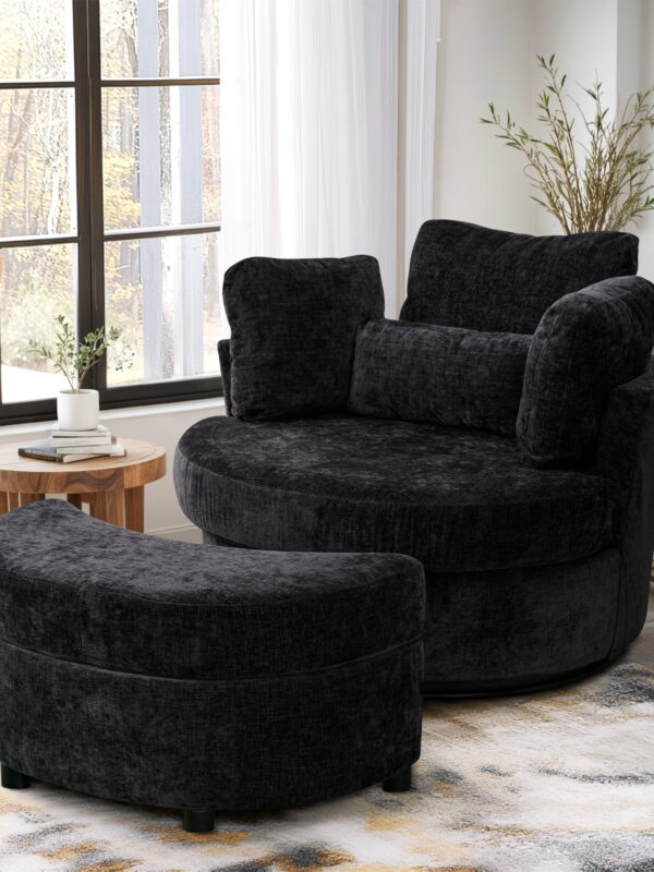 Dinosisco Oversized Swivel Accent Barrel Chair with Storage Ottoman, Chenille, Indoor, Black