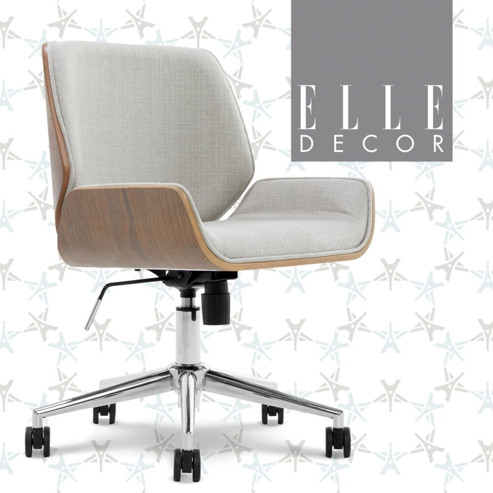 Elle Decor Ophelia Office Chair, Curved Bentwood Low-Back and Seat, Chrome Swivel Base, Woven Fabric, Gray