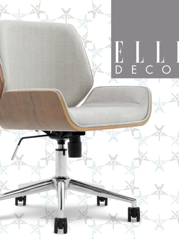 Elle Decor Ophelia Office Chair, Curved Bentwood Low-Back and Seat, Chrome Swivel Base, Woven Fabric, Gray