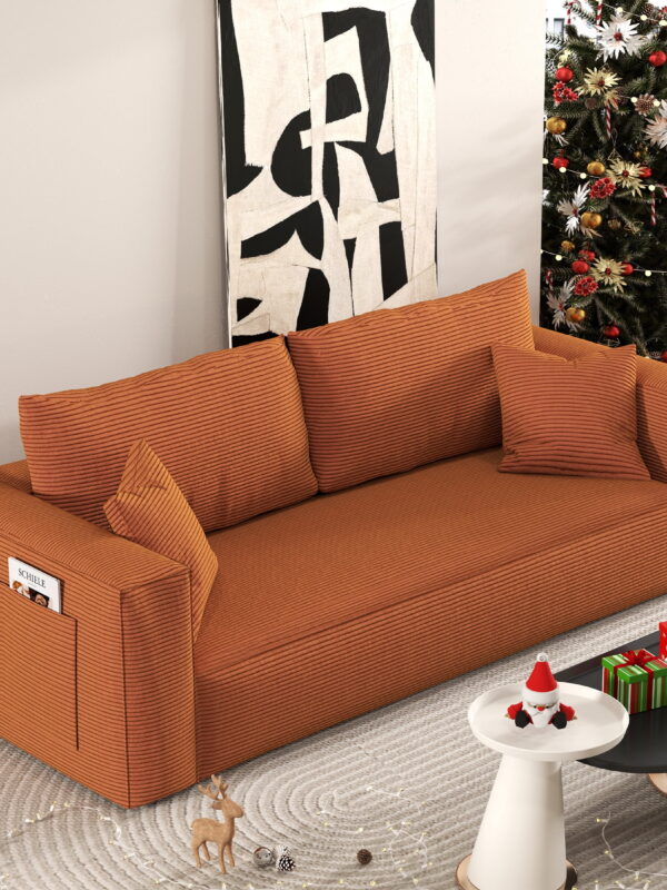 FocalSweet 89" Living Room Sleep Sofa, Deep Seat Corduroy Couch with Side Pocket,No Assembly Required, 3 Seater, Orange