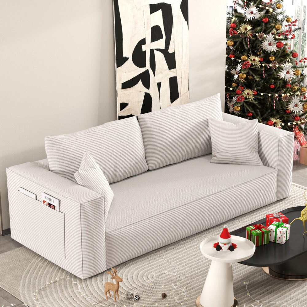 FocalSweet 89" Living Room Sleep Sofa, Deep Seat Corduroy Couch with Side Pocket,No Assembly Required, 3 Seater, White