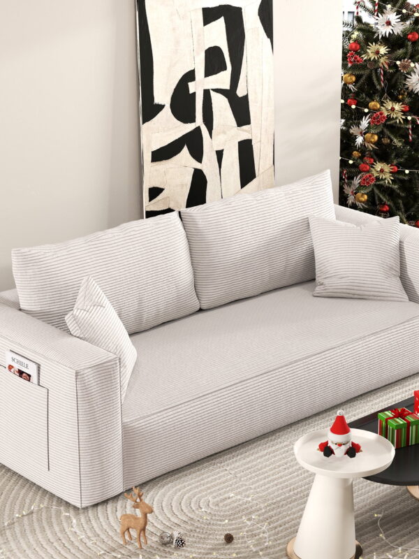 FocalSweet 89" Living Room Sleep Sofa, Deep Seat Corduroy Couch with Side Pocket,No Assembly Required, 3 Seater, White