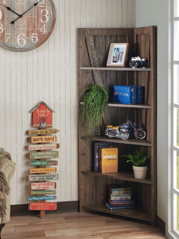 Furniture of America Helsa 5-Shelf Corner Bookcase, Oak