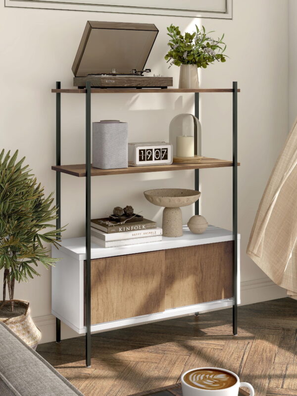 Furniture of America Trist Transitional 3-Shelf Bookcase with Sliding Doors, White and Oak