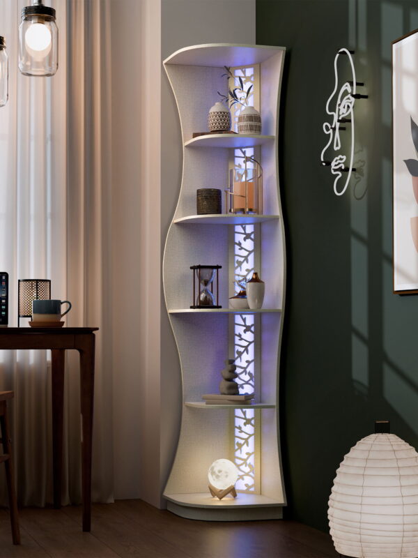 Furniture of America Wilton Adult Contemporary 5-Shelf Corner Bookcase with LED Light, Cream