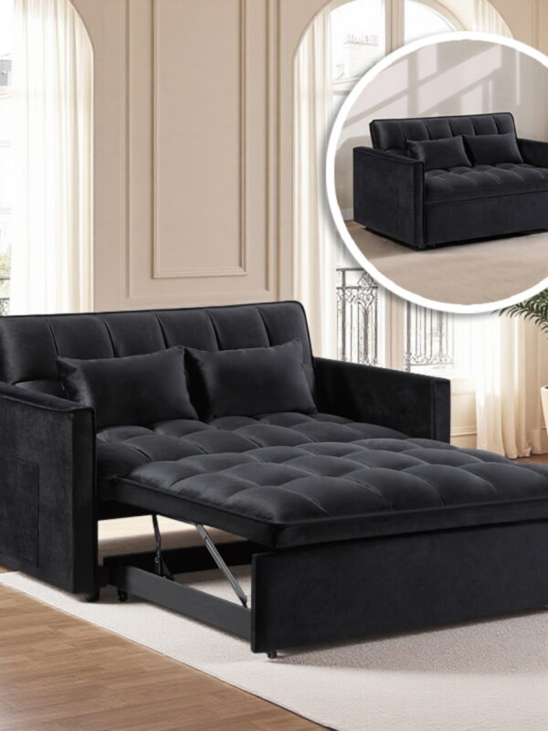 Gewnee 54" Modern Convertible Velvet Futon Sofa Bed with Pull-Out Bed,Sleeper Loveseat Sofa Couch with Adjsutable Backrest For Living Room,Office (Black)