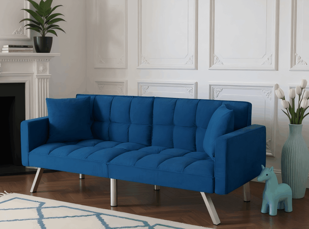 Gewnee 74"Velvet Upholstered Modern Convertible Futon, Adjustable Folding Sofa Bed, Guest Bed for Living Room, Bedroom, Apartment (Navy Blue)