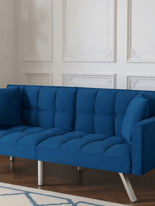 Gewnee 74"Velvet Upholstered Modern Convertible Futon, Adjustable Folding Sofa Bed, Guest Bed for Living Room, Bedroom, Apartment (Navy Blue)