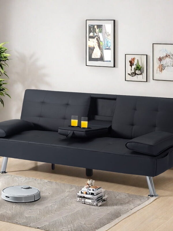 Gewnee Modern Futon Sleeper Sofa Bed Convertible Folding Recliner Couch Furniture with 2 Cup Holders for Livin g Room