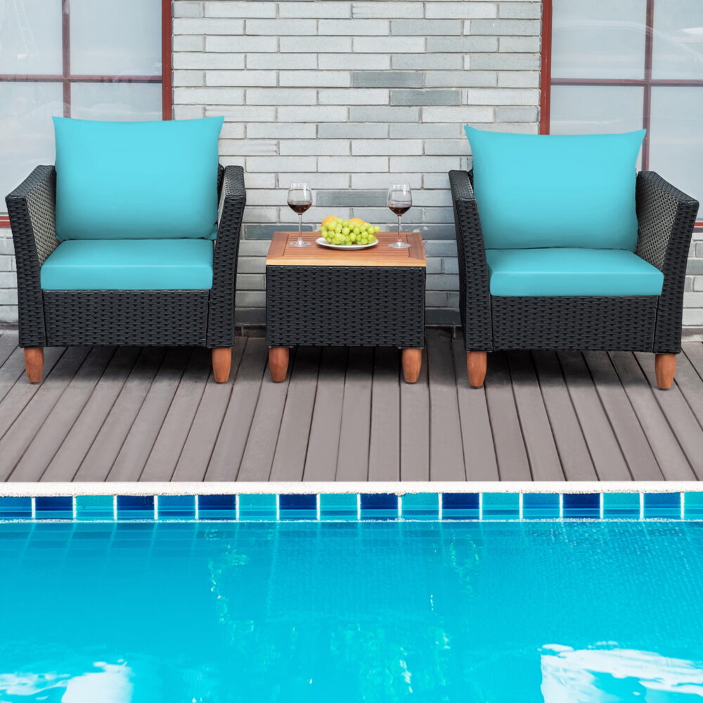 Gymax Fashion 3PCS Patio Rattan Conversation Furniture Set Yard Outdoor w/ Turquoise Cushions