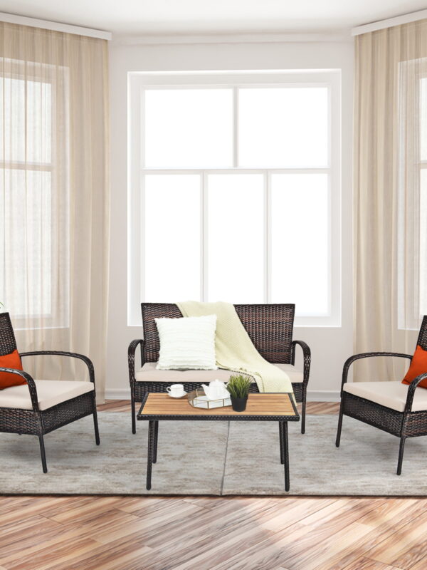 Gymax Fashion 4PCS Cushioned Rattan Patio Conversation Set Outdoor Furniture Set