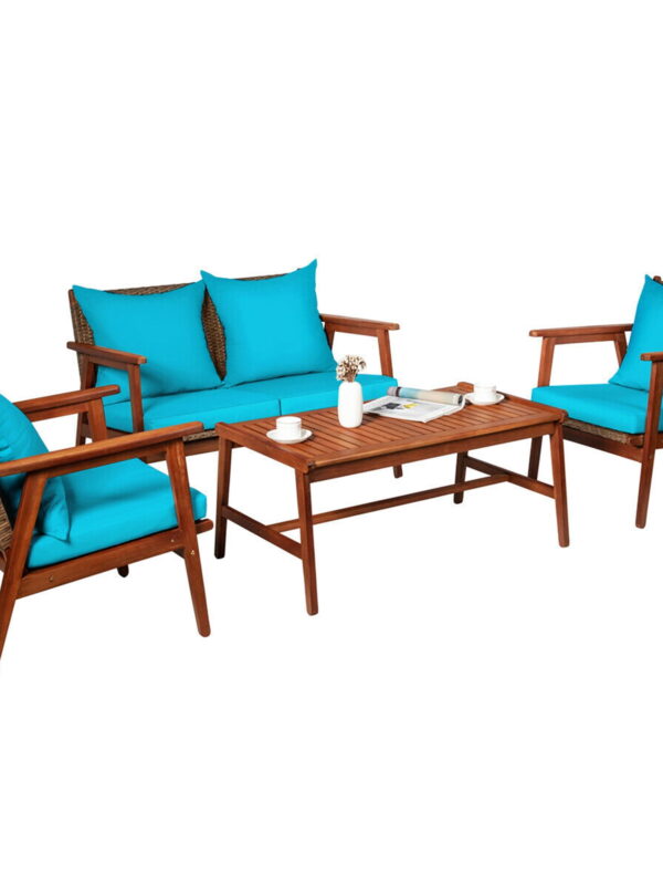 Gymax Fashion 4PCS Patio Conversation Set Wood Frame Furniture Set w/ Turquoise Cushions