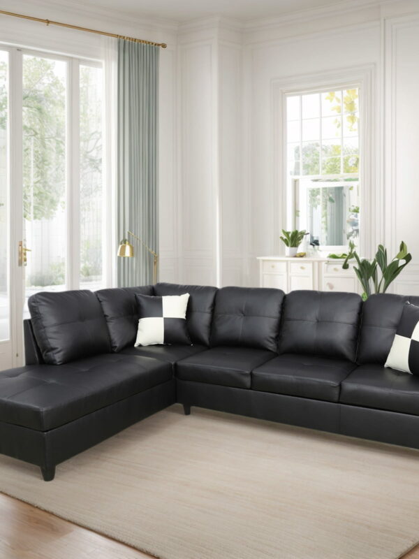 Hommoo 4 Seat Living Room Furniture Sets, Faux Leather Sectional Sofa, Modern L-Shaped Couches and Sofas Set for Home, Black(No Ottomans)