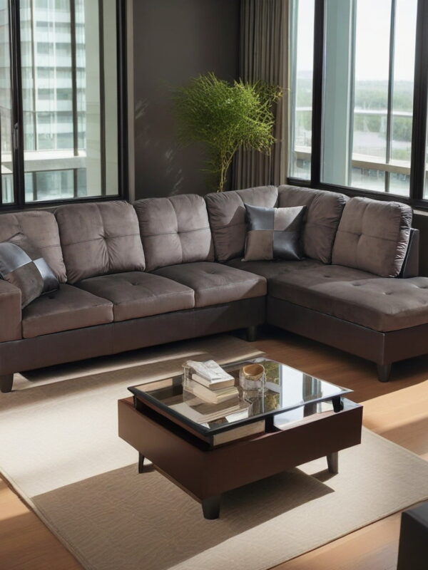 Hommoo 4 Seats Flannel and PVC Sectional Sofa Couch Set, Modern L Shaped Sectional Couch, Living Room Furniture Set, Dark Brown