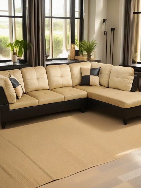 Hommoo 4 Seats Lint and PVC Sectional Sofa Couch Set, Modern L Shaped Sectional Couch, Living Room Furniture Set, Beige and Brown