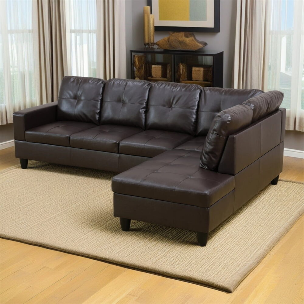Hommoo Faux Leather Sectional Sofa, 4 Seat Living Room Furniture Sets, Modern L-Shaped Couches and Sofas Set for Home, Brown(No Ottomans)