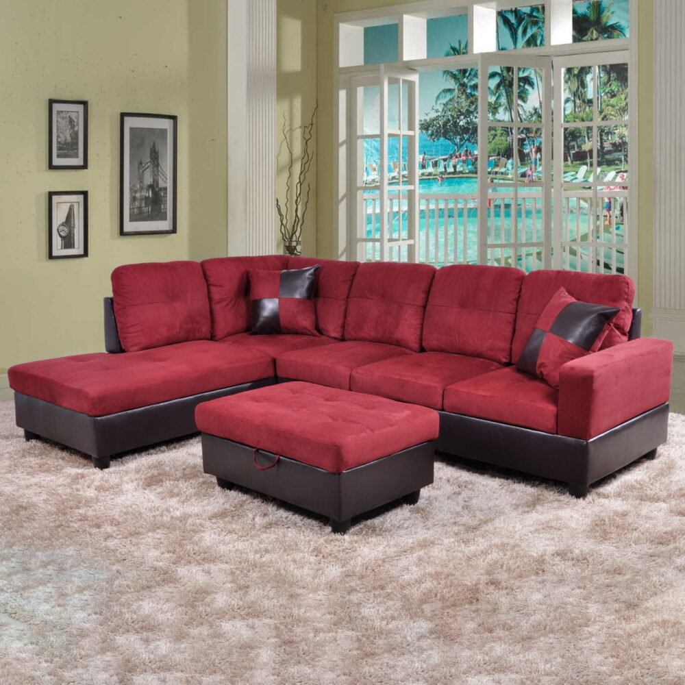 Hommoo Flannel&PVC L Shaped Sectional Sofa, Sectional Couch Sofa, Modern Living Room Furniture Sets, Red(No Ottoman)