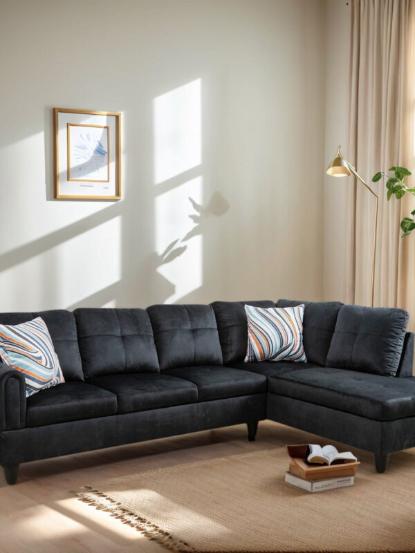 Hommoo Flannel Sectional Sofa Model Set, L-Shaped Living Room Furniture Set, Modern 4-Seat Couches and Sofaes, Black(No Ottomans)