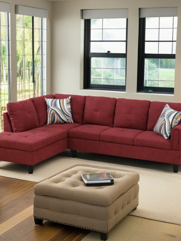 Hommoo L Shaped Couch Set Sectional Sofa Set, Flannel Living Room Furniture Sets, 4-Seat Couches and Sofa Set for Home, Apartment, Dorm, Red(No Ottoman)
