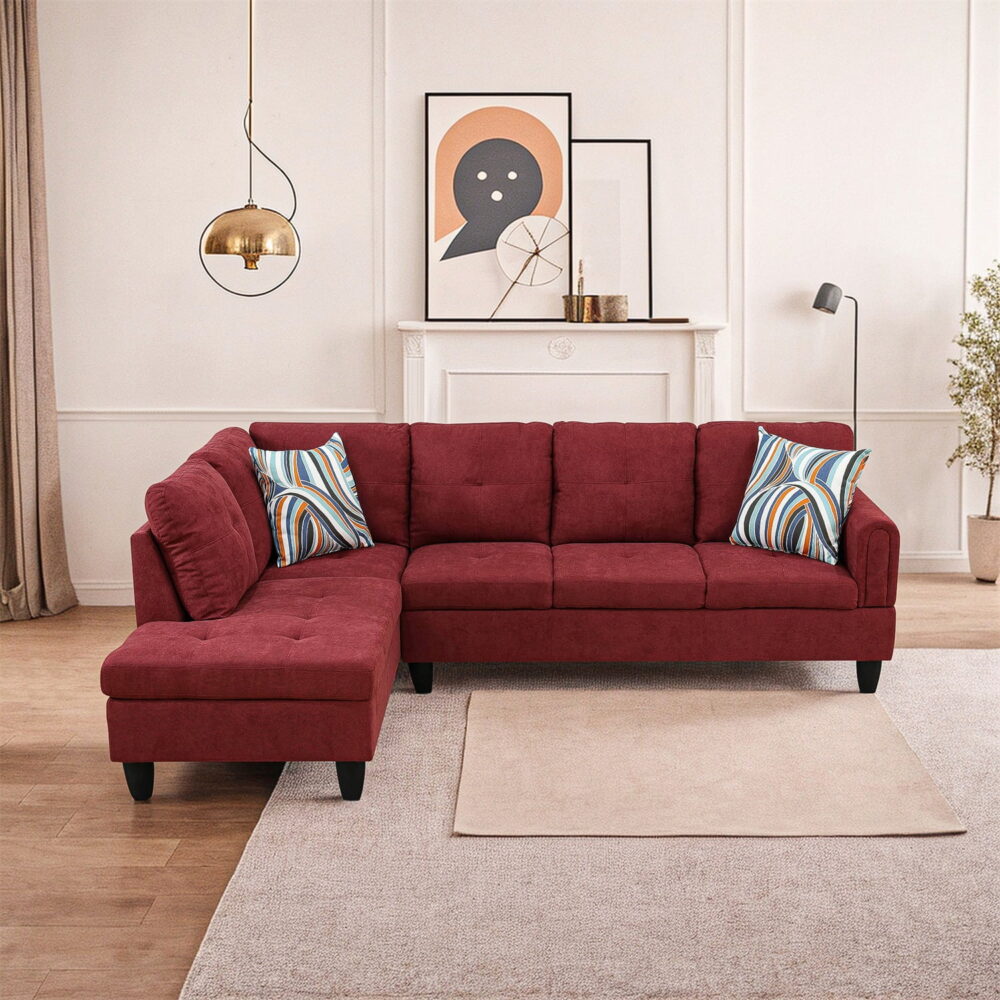 Hommoo Modern Flannel Living Room Furniture Sets Sectional Couches and Sofas, L-Shaped Sectional Couch Sofa, Red(No Ottoman)
