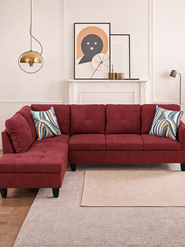 Hommoo Modern Flannel Living Room Furniture Sets Sectional Couches and Sofas, L-Shaped Sectional Couch Sofa, Red(No Ottoman)